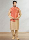 Dark Peach Colour New Festive Wear Jacquard Banarasi Silk Digital Print Kurta Pajama With Jacket Mens Collection 1065